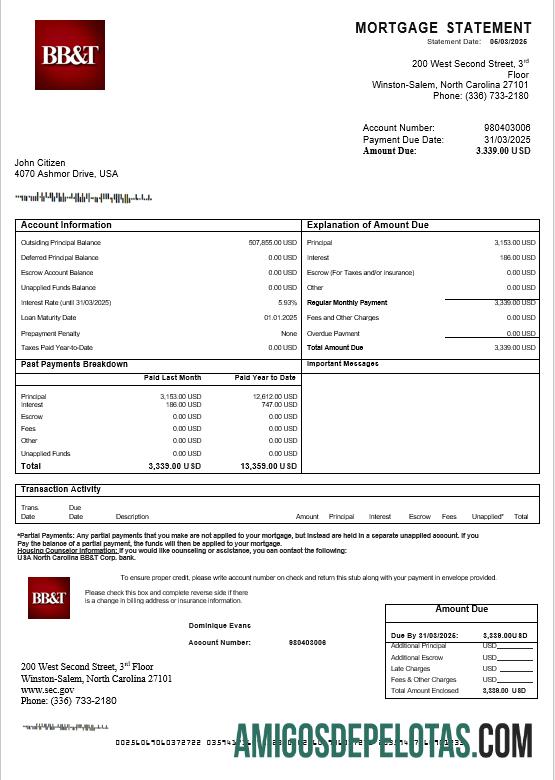 Extrato de hipoteca bancária da Carolina do Norte dos EUA BB&T Corp. em formatos Word e PDF exemplo